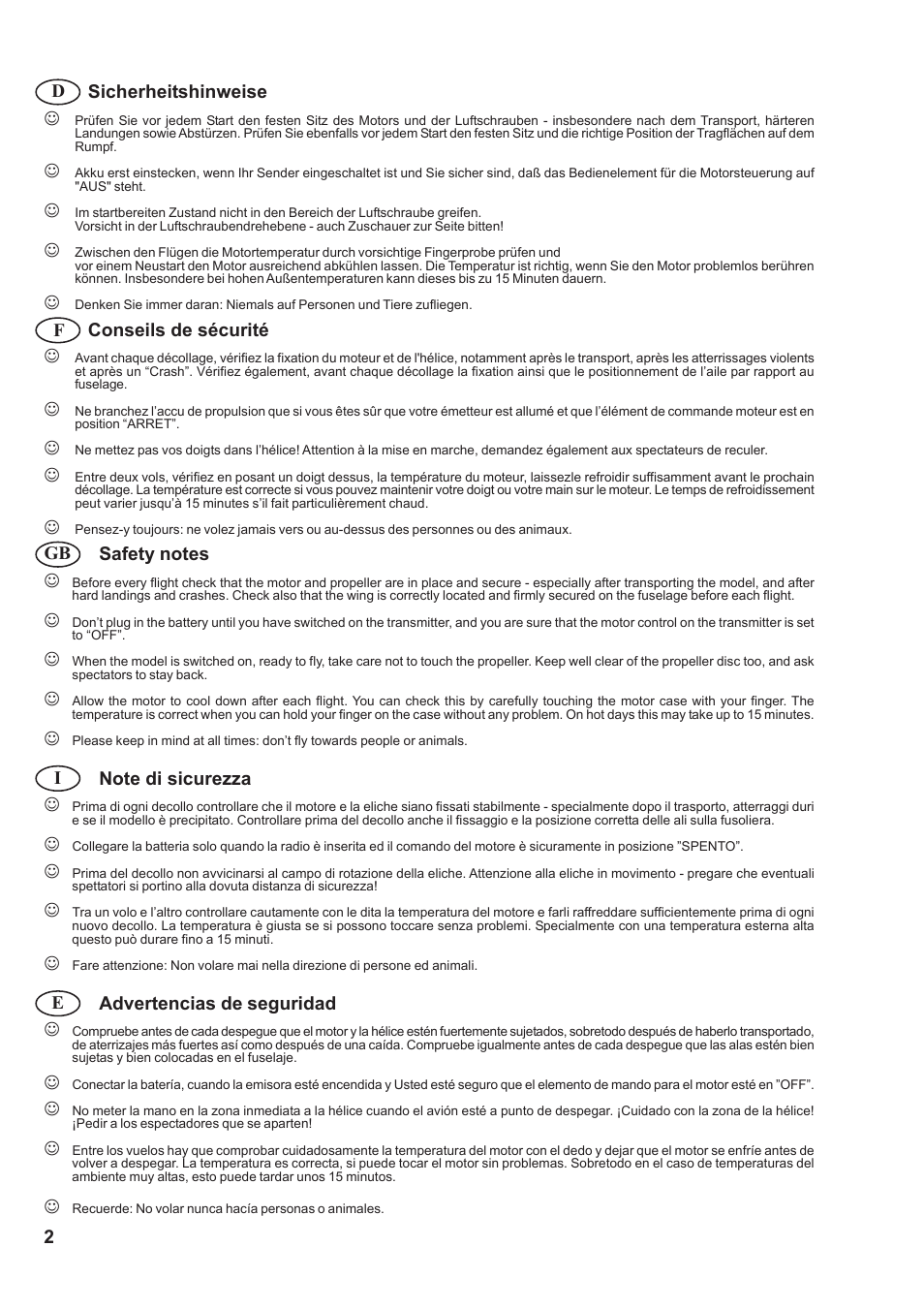 2d f gb i e sicherheitshinweise, Conseils de sécurité, Advertencias de seguridad | HITEC Easy Star User Manual | Page 2 / 32