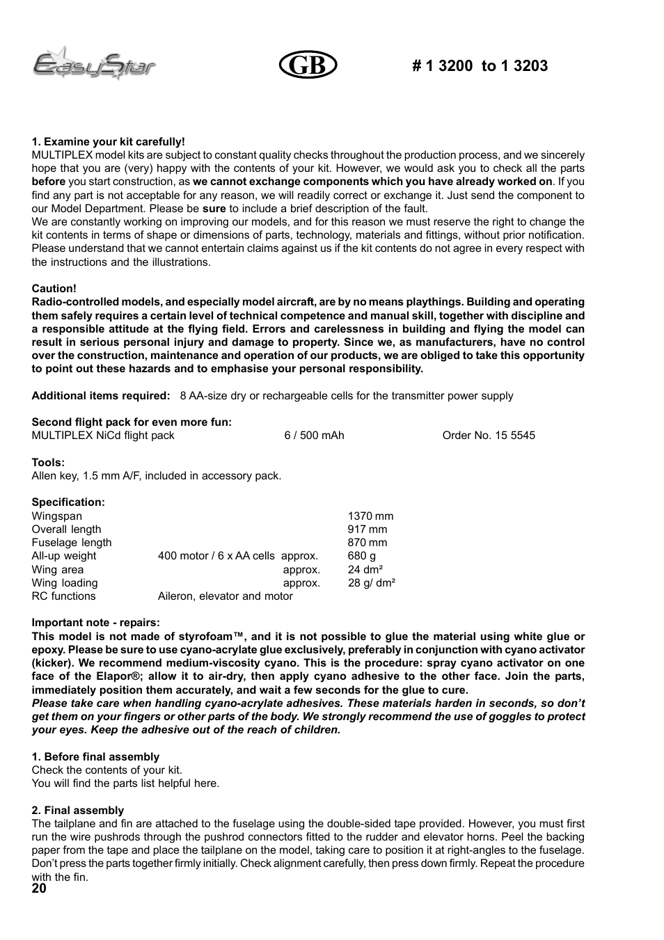 HITEC Easy Star (Ready to Fly) User Manual | Page 20 / 44
