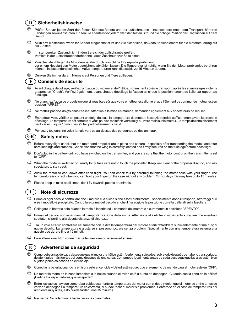 3d f gb i e sicherheitshinweise, Conseils de sécurité, Advertencias de seguridad | HITEC Easy Star (Ready to Fly) User Manual | Page 3 / 44