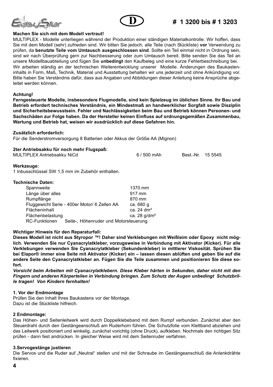 HITEC Easy Star (Ready to Fly) User Manual | Page 4 / 44