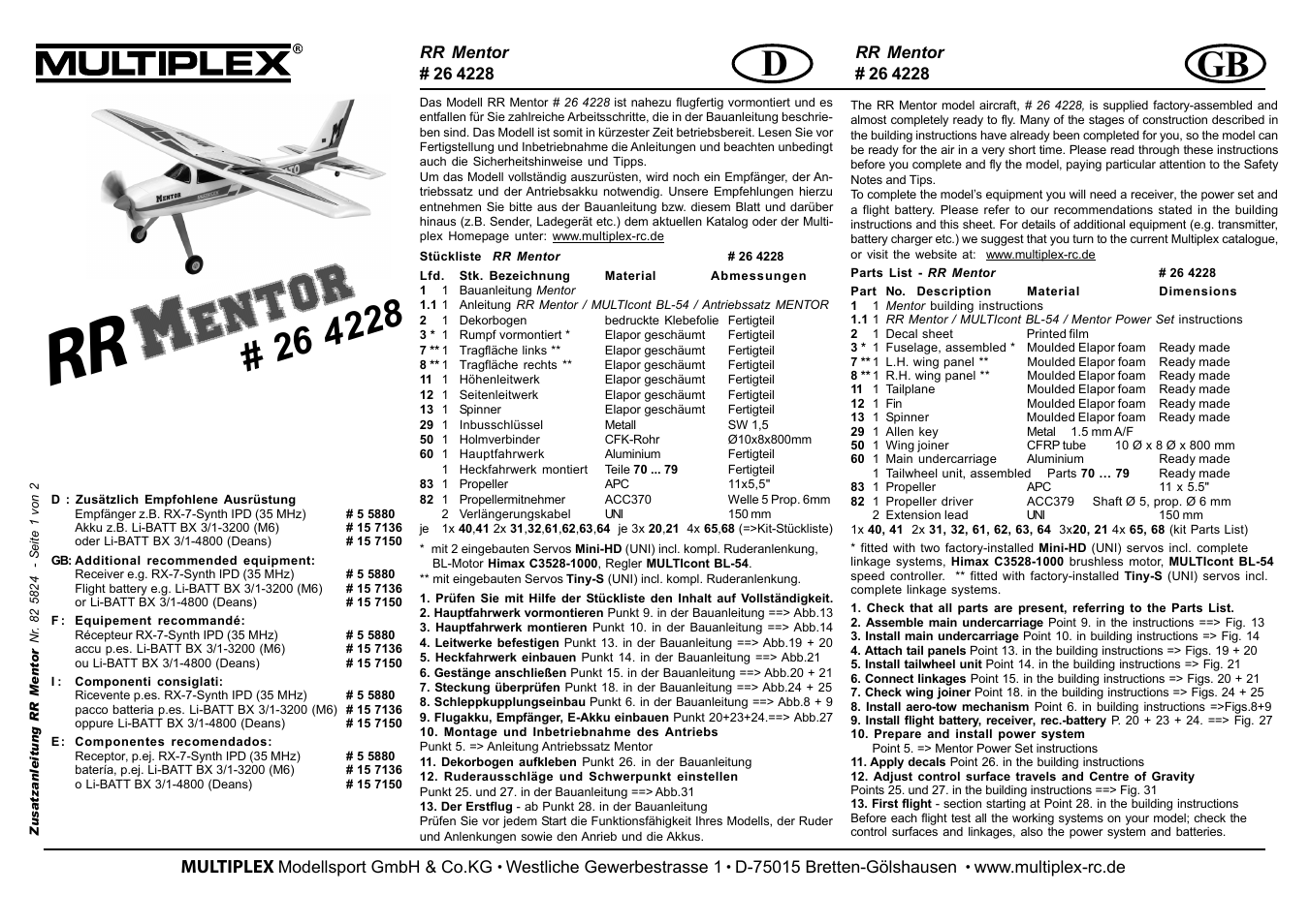HITEC Mentor (RR) User Manual | 2 pages
