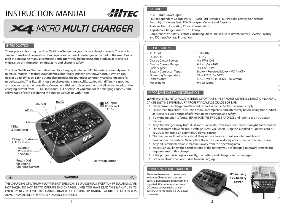 HITEC X4 Micro AC/DC 1-Cell LiPo Charger User Manual | 2 pages