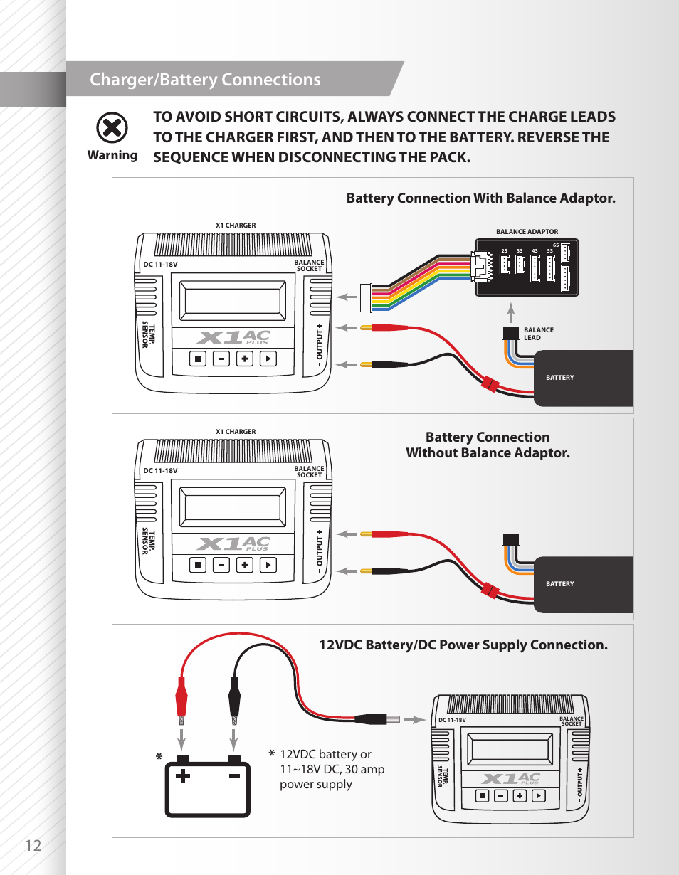 Charger/battery connections, Battery connection with balance adaptor, Battery connection without balance adaptor | 12vdc battery/dc power supply connection, Warning | HITEC X1 AC Plus: Single Port AC/DC Chargers User Manual | Page 12 / 36