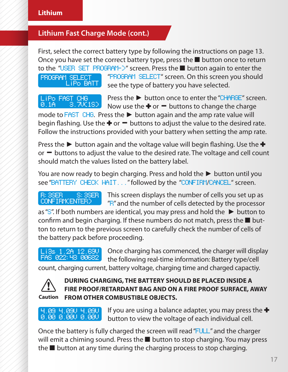 Lithium fast charge mode (cont.) | HITEC X1 AC Plus: Single Port AC/DC Chargers User Manual | Page 17 / 36