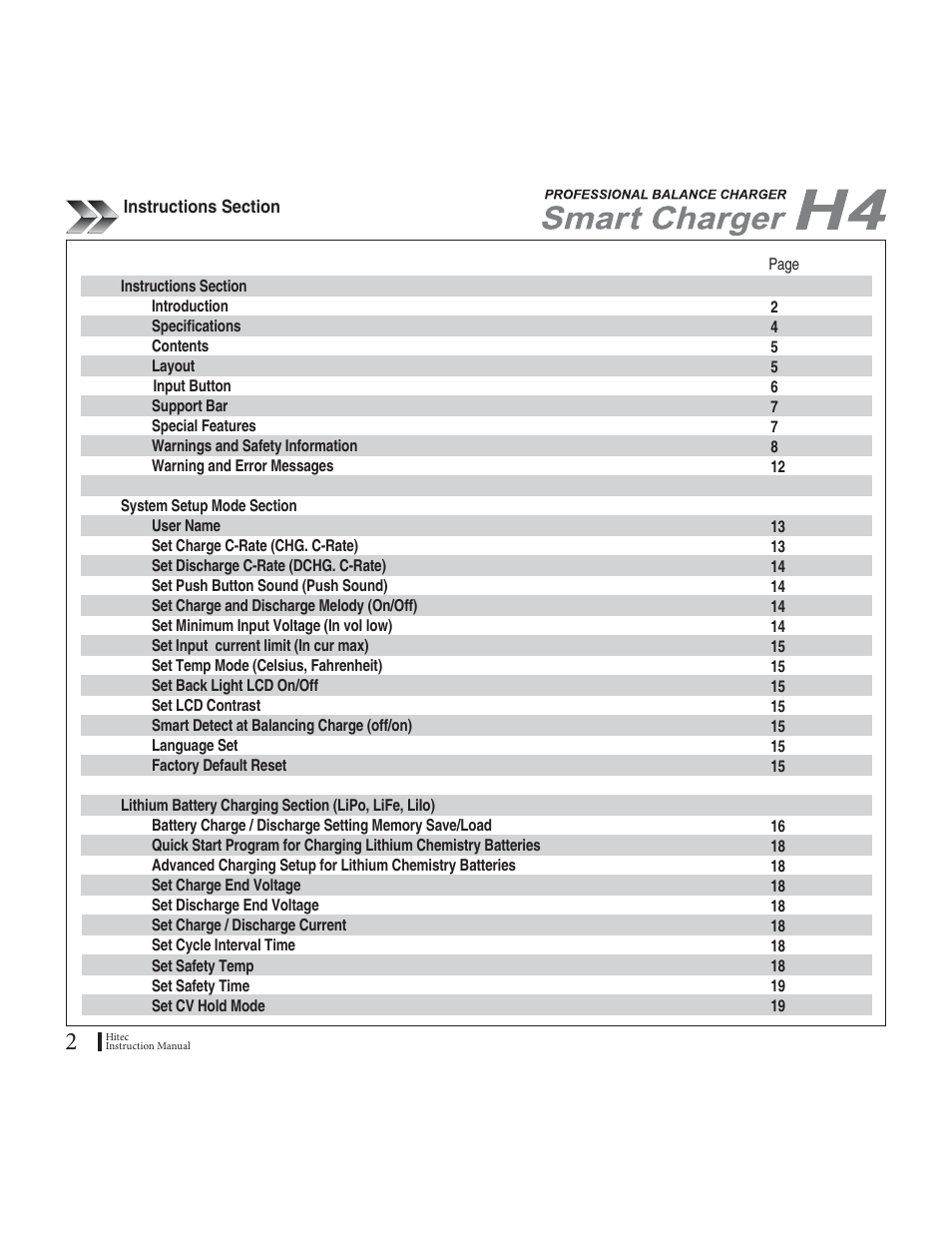 HITEC H4: DC/DC, Four-Port Multi-Charger User Manual | Page 2 / 38