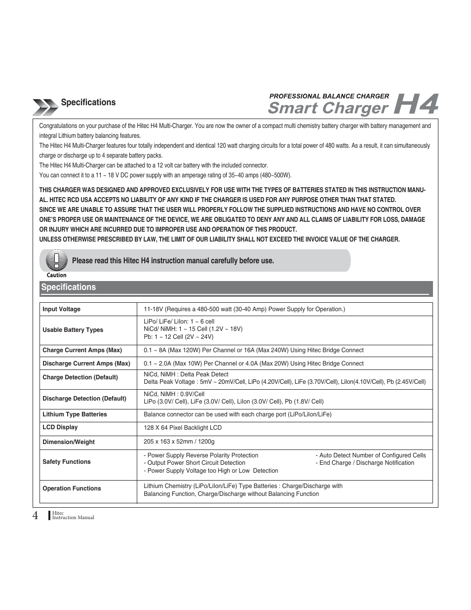 5rgekſecvkqpu | HITEC H4: DC/DC, Four-Port Multi-Charger User Manual | Page 4 / 38