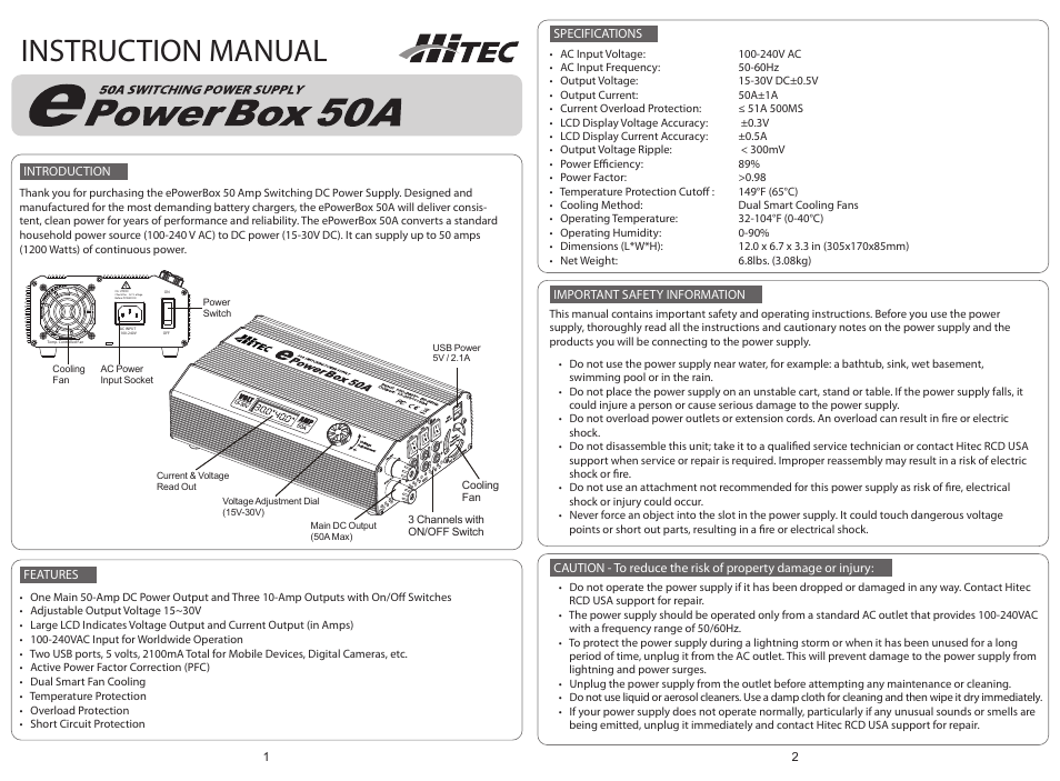 HITEC ePowerbox 50-amp Power Supply User Manual | 2 pages