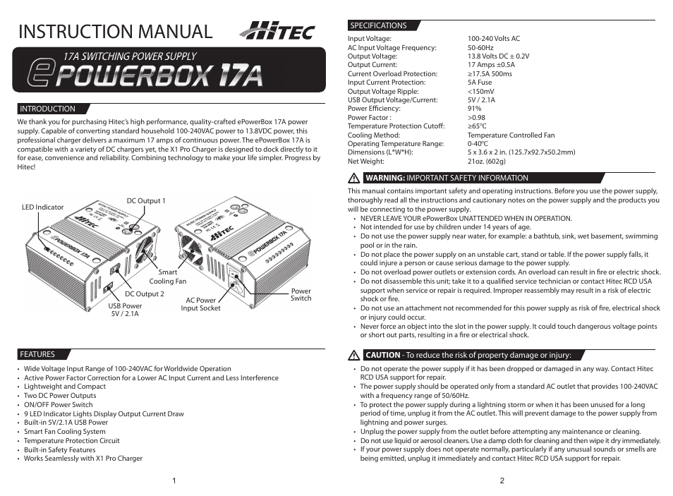 HITEC ePowerBox 17-amp Power Supply User Manual | 2 pages