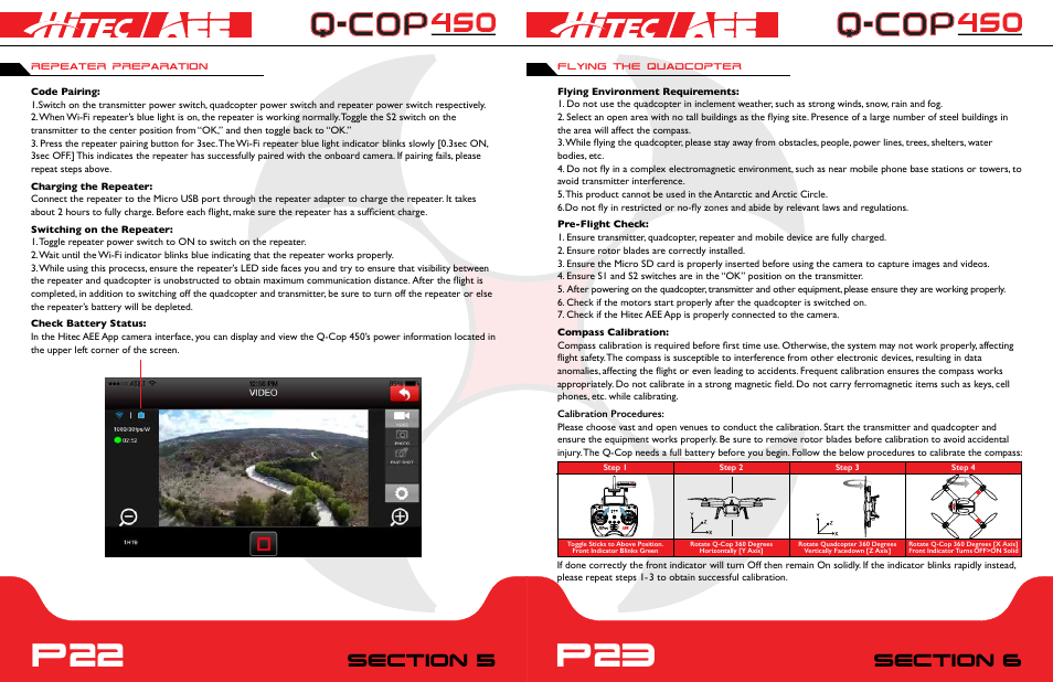 P22 p23, Repeater preparation flying the quadcopter | HITEC Q-Cop 450 User Manual | Page 12 / 16