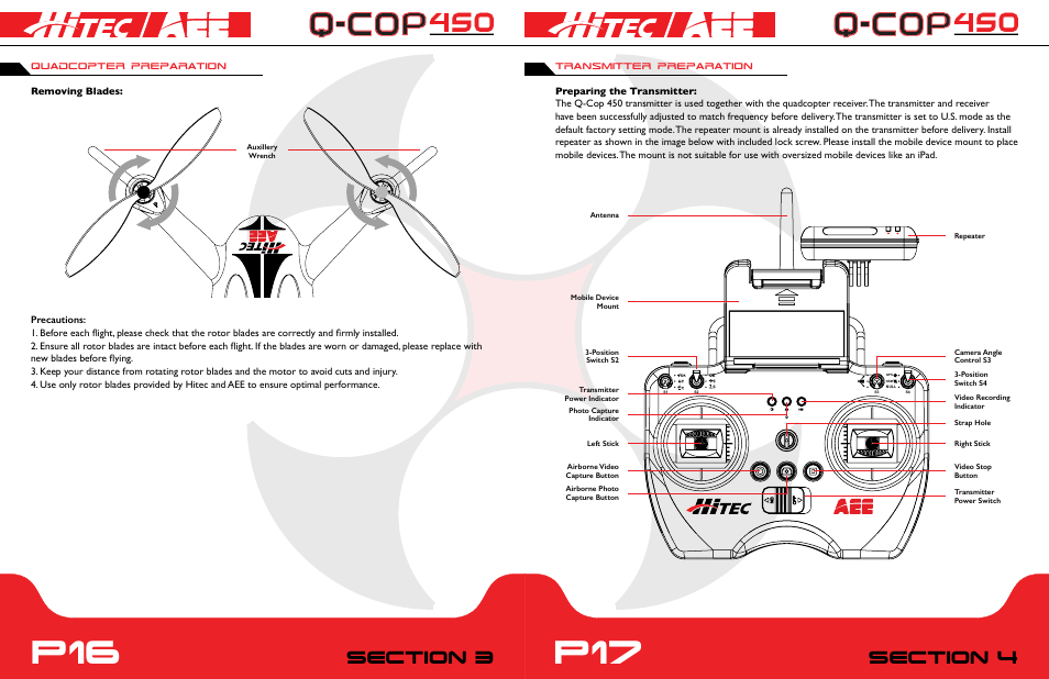 P16 p17, Quadcopter preparation transmitter preparation | HITEC Q-Cop 450 User Manual | Page 9 / 16