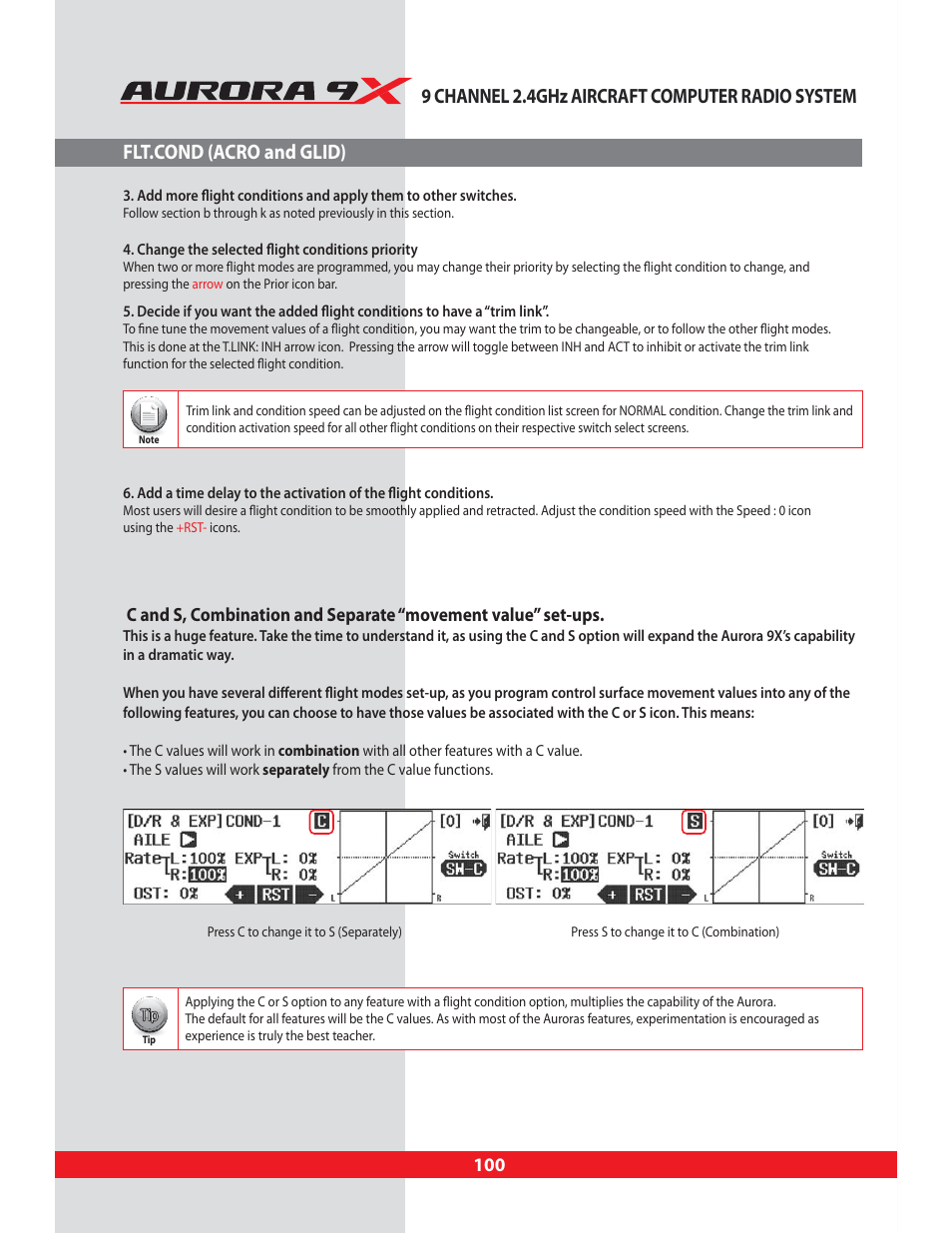9 channel 2.4ghz aircraft computer radio system, Flt.cond (acro and glid) | HITEC Aurora 9X User Manual | Page 100 / 144