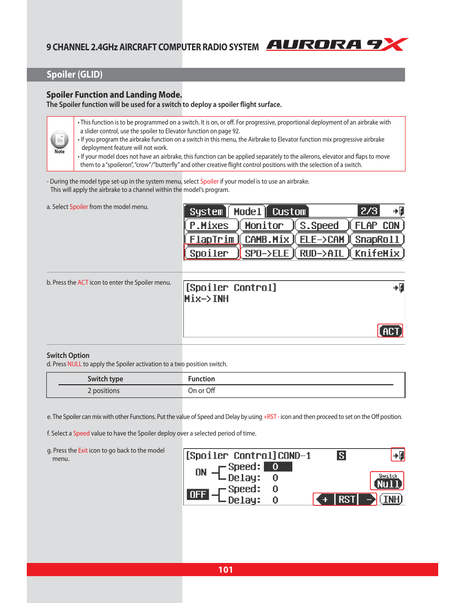 Spoiler (glid), Spoiler, 9 channel 2.4ghz aircraft computer radio system | Spoiler function and landing mode | HITEC Aurora 9X User Manual | Page 101 / 144