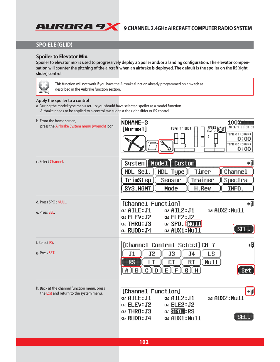 Spo-ele (glid), Spoiler to elevator mix, 9 channel 2.4ghz aircraft computer radio system | HITEC Aurora 9X User Manual | Page 102 / 144