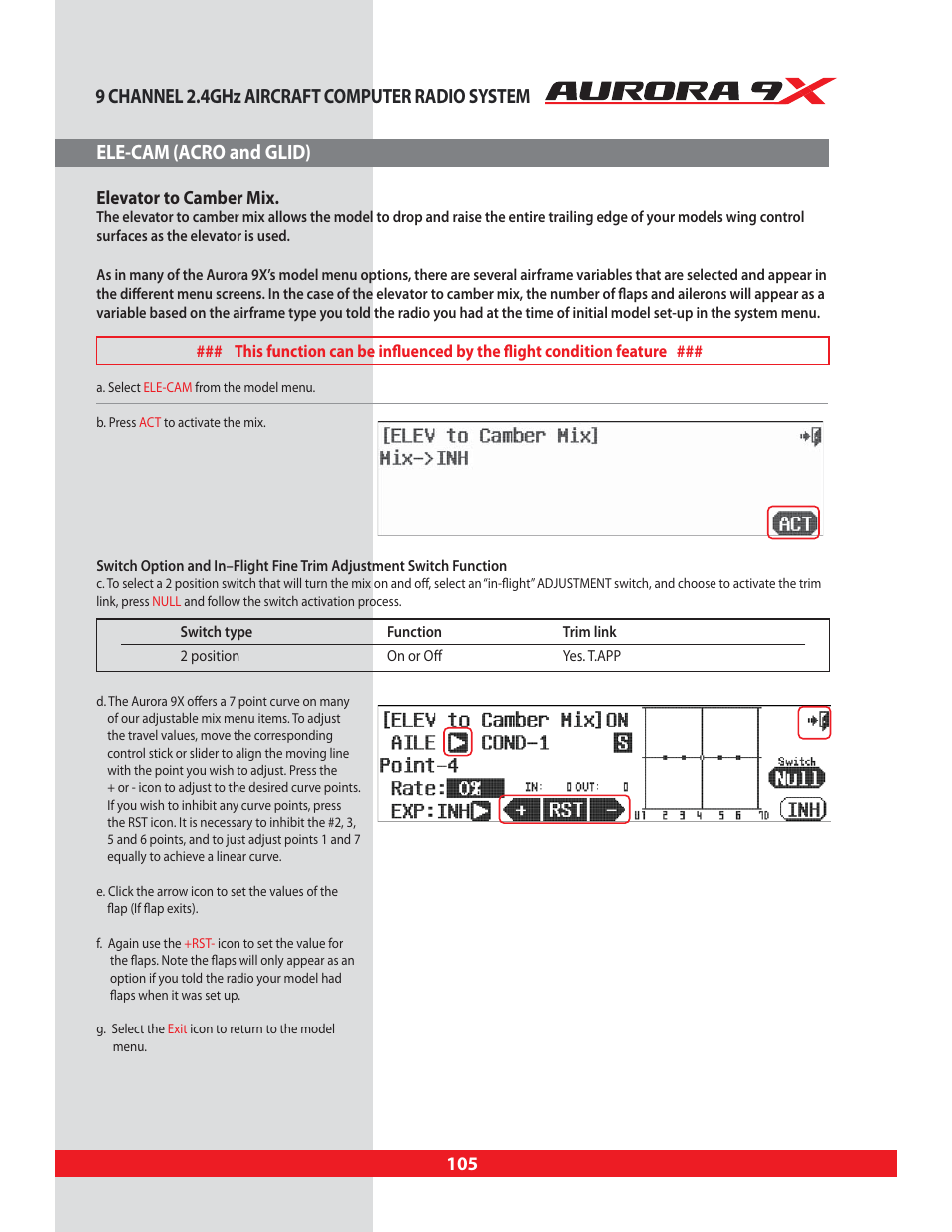 Ele-cam (acro and glid), Ele-cam, Elevator to camber mix | 9 channel 2.4ghz aircraft computer radio system | HITEC Aurora 9X User Manual | Page 105 / 144