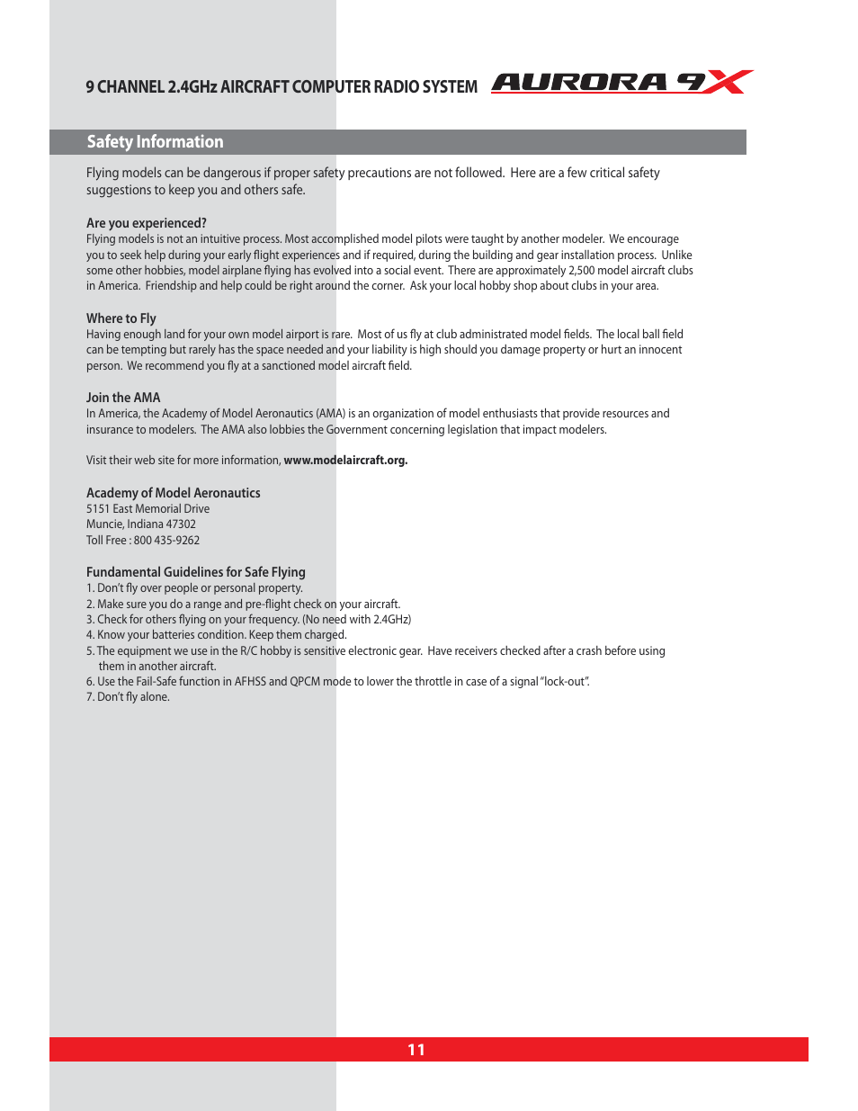 Safety information, 9 channel 2.4ghz aircraft computer radio system | HITEC Aurora 9X User Manual | Page 11 / 144