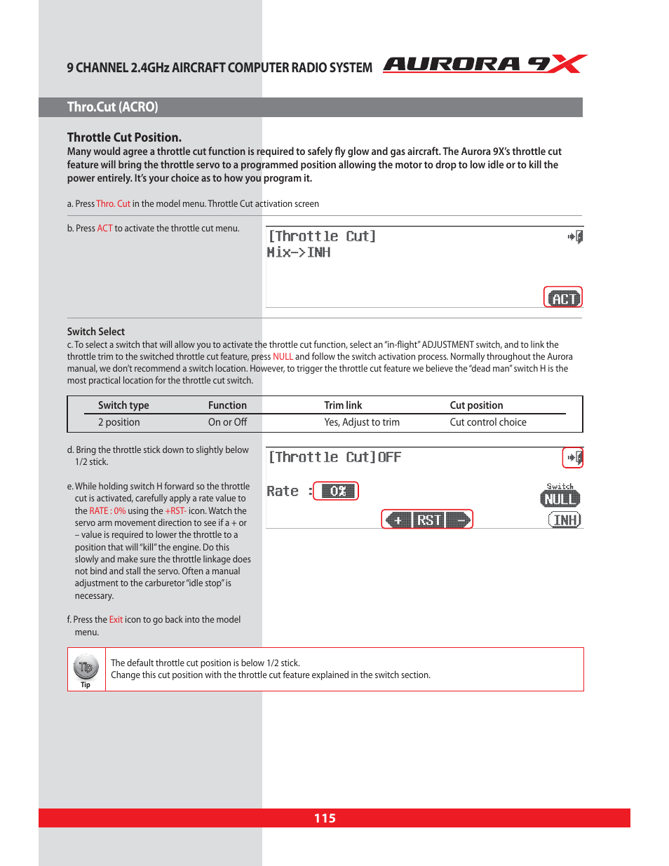 Thro.cut (acro), Thro.cut, Throttle cut position | Acro only, 9 channel 2.4ghz aircraft computer radio system | HITEC Aurora 9X User Manual | Page 115 / 144