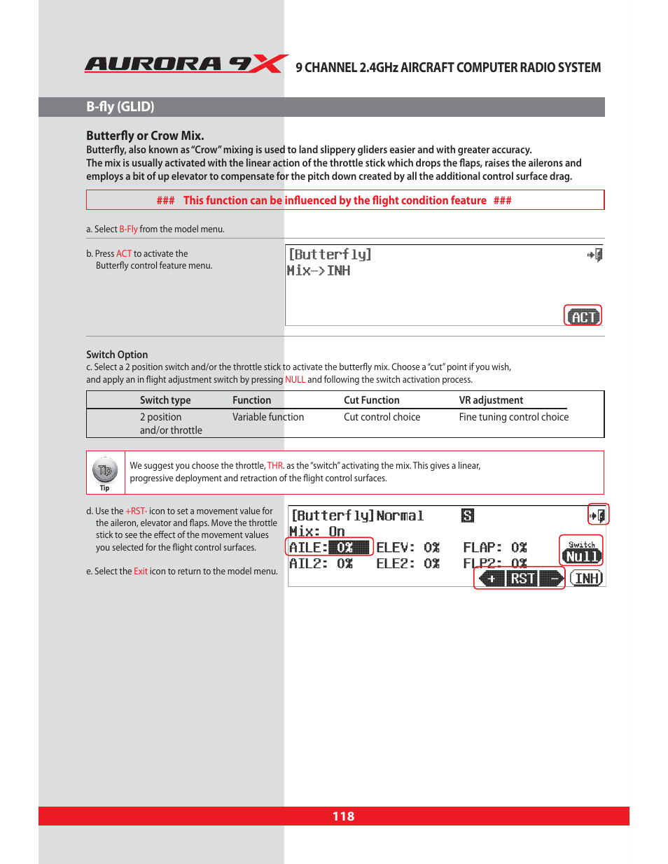 B-fly (glid), 9 channel 2.4ghz aircraft computer radio system, Butterfly or crow mix | HITEC Aurora 9X User Manual | Page 118 / 144