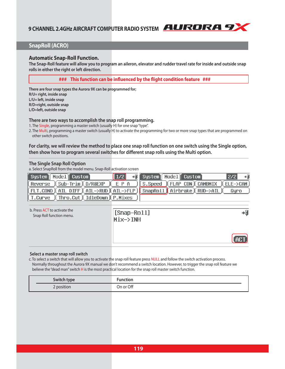 Snaproll (acro), B-fly, Butterfly or “crow” mix | Glid only, Snaproll, Snap roll function, Acro only, 9 channel 2.4ghz aircraft computer radio system, Automatic snap-roll function | HITEC Aurora 9X User Manual | Page 119 / 144