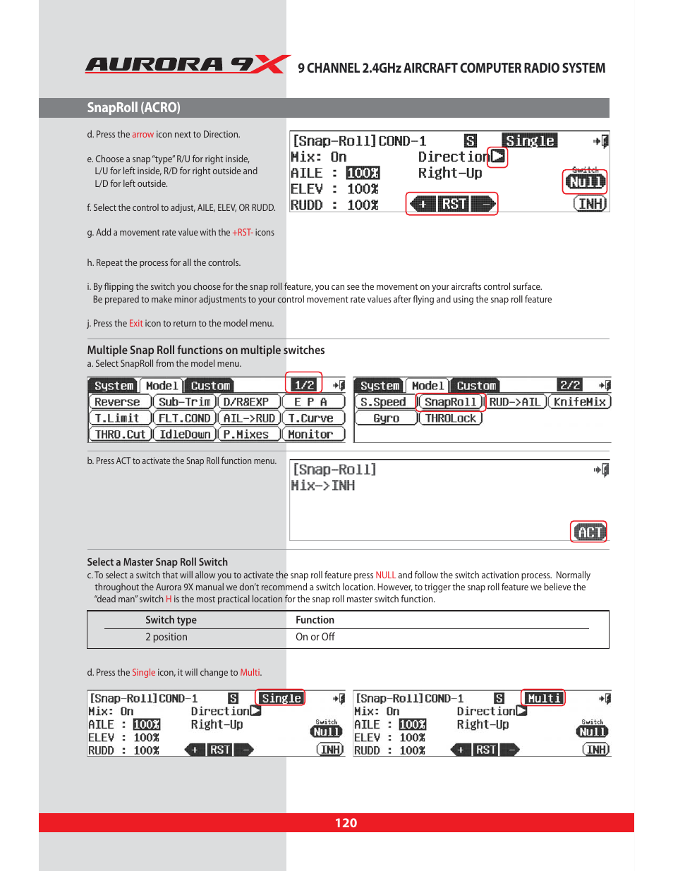9 channel 2.4ghz aircraft computer radio system, Snaproll (acro) | HITEC Aurora 9X User Manual | Page 120 / 144