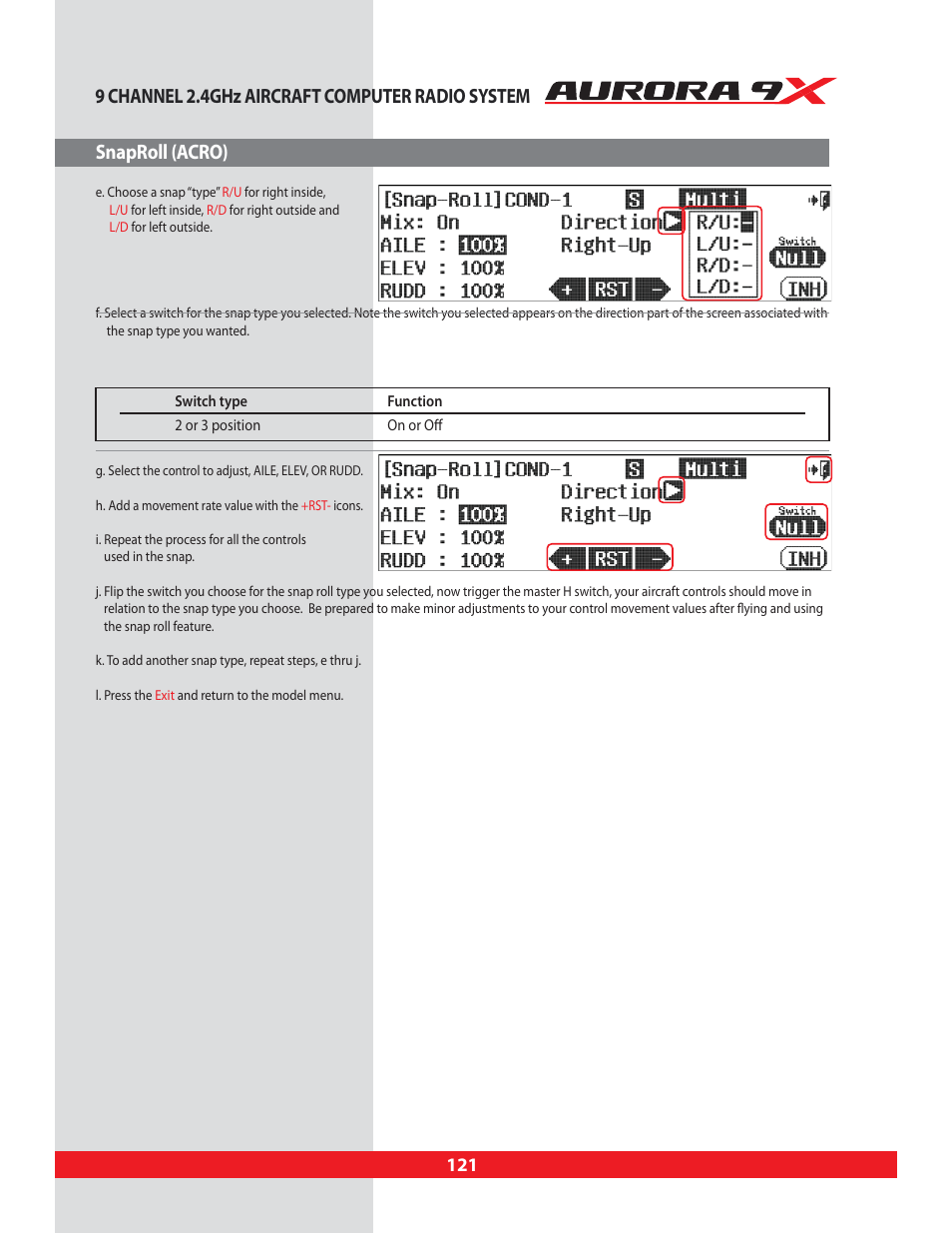 9 channel 2.4ghz aircraft computer radio system, Snaproll (acro) | HITEC Aurora 9X User Manual | Page 121 / 144