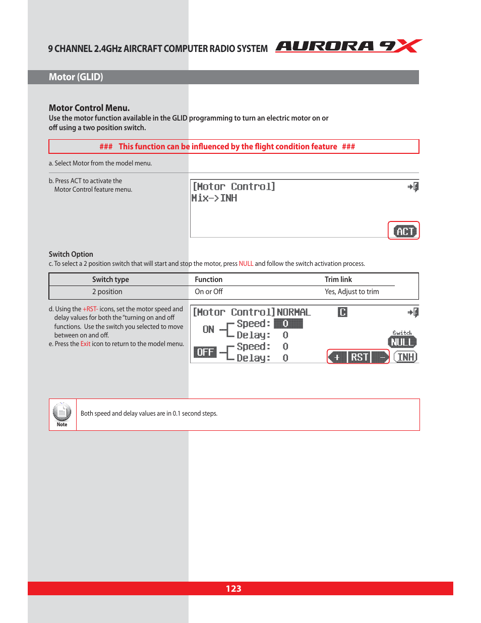 Motor (glid), Motor, Glider motor control feature | Glid only, 9 channel 2.4ghz aircraft computer radio system, Motor control menu | HITEC Aurora 9X User Manual | Page 123 / 144