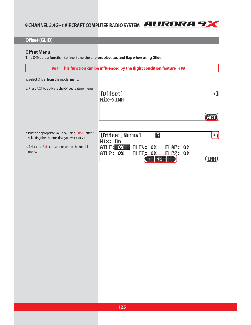 Offset (glid), Offset, Offset menu | HITEC Aurora 9X User Manual | Page 125 / 144