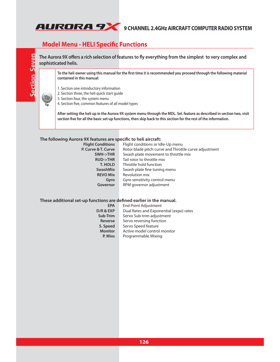 Model menu, Heli specific functions, Section seven | Sec tion s e ven, Model menu - heli specific functions, 9 channel 2.4ghz aircraft computer radio system | HITEC Aurora 9X User Manual | Page 126 / 144