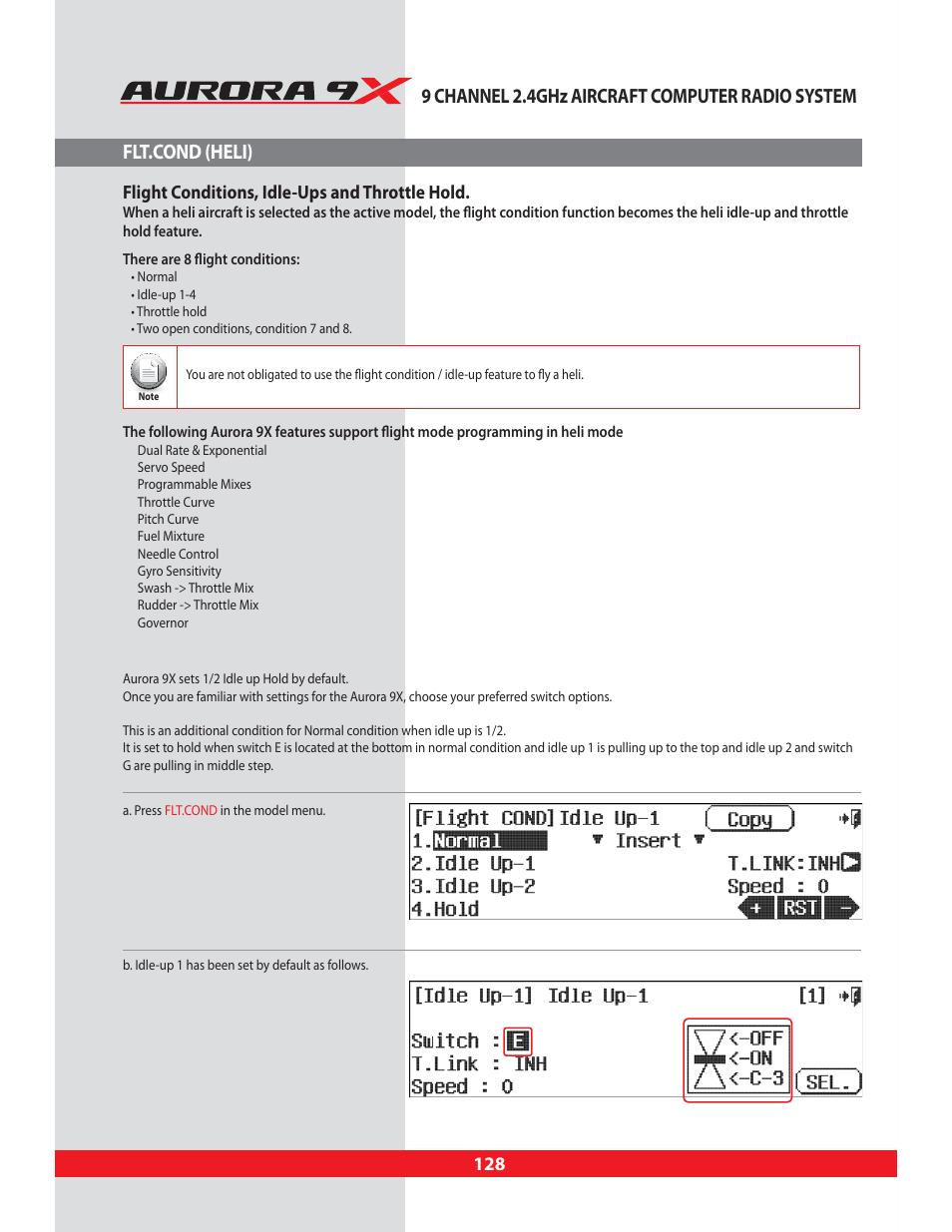 Flt.cond (heli), Flt.cond, Idle-up and hold / flight conditions | Flight conditions, idle-ups and throttle hold | HITEC Aurora 9X User Manual | Page 128 / 144