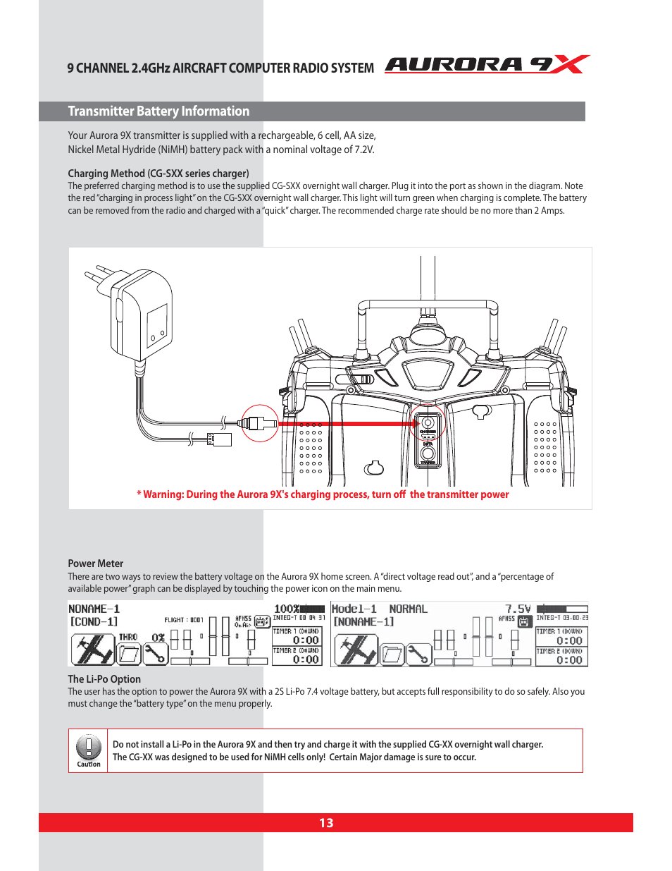 Transmitter battery information | HITEC Aurora 9X User Manual | Page 13 / 144