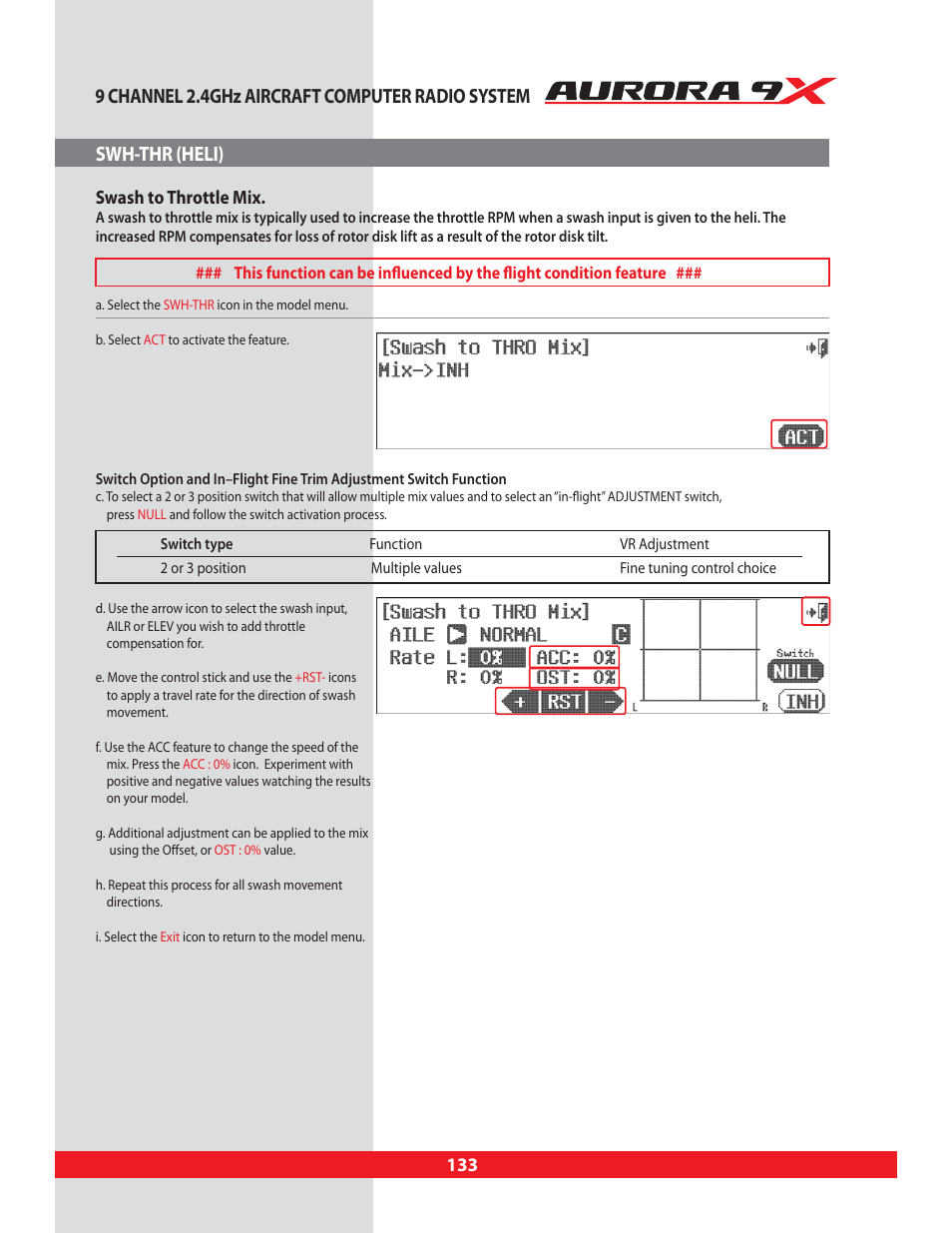 Swh-thr (heli), Swh-thr, Swash plate movement to throttle mix | Swash to throttle mix | HITEC Aurora 9X User Manual | Page 133 / 144