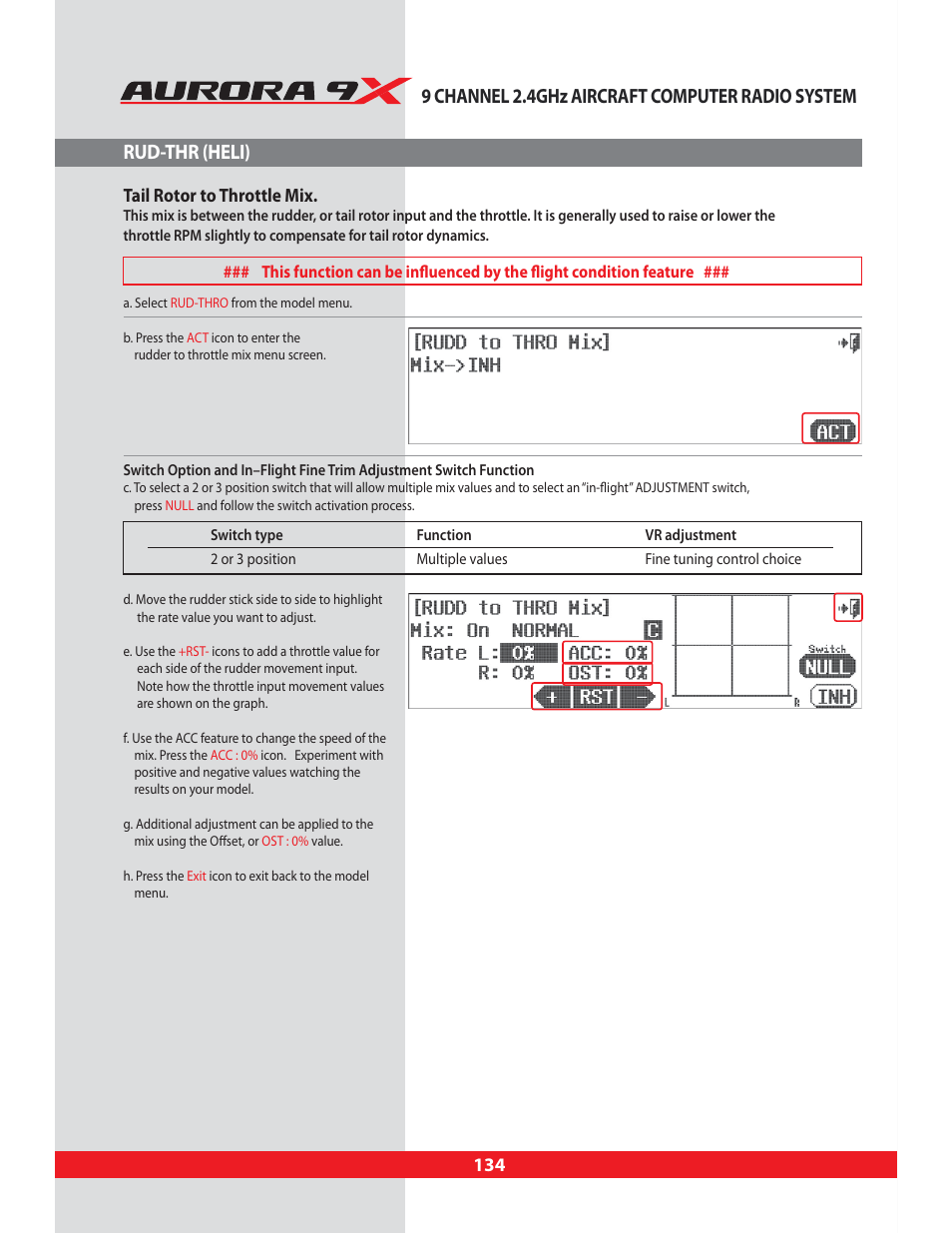 Rud-thr (heli), Rud-thr, Tail rotor to throttle mix | HITEC Aurora 9X User Manual | Page 134 / 144