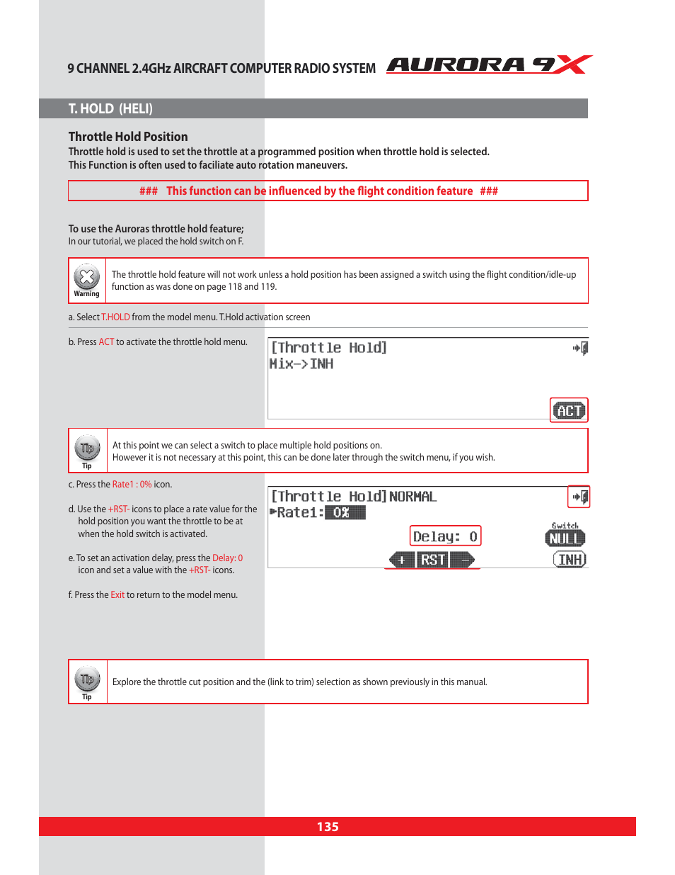 T. hold (heli), Hold, Throttle hold function | Throttle hold position | HITEC Aurora 9X User Manual | Page 135 / 144