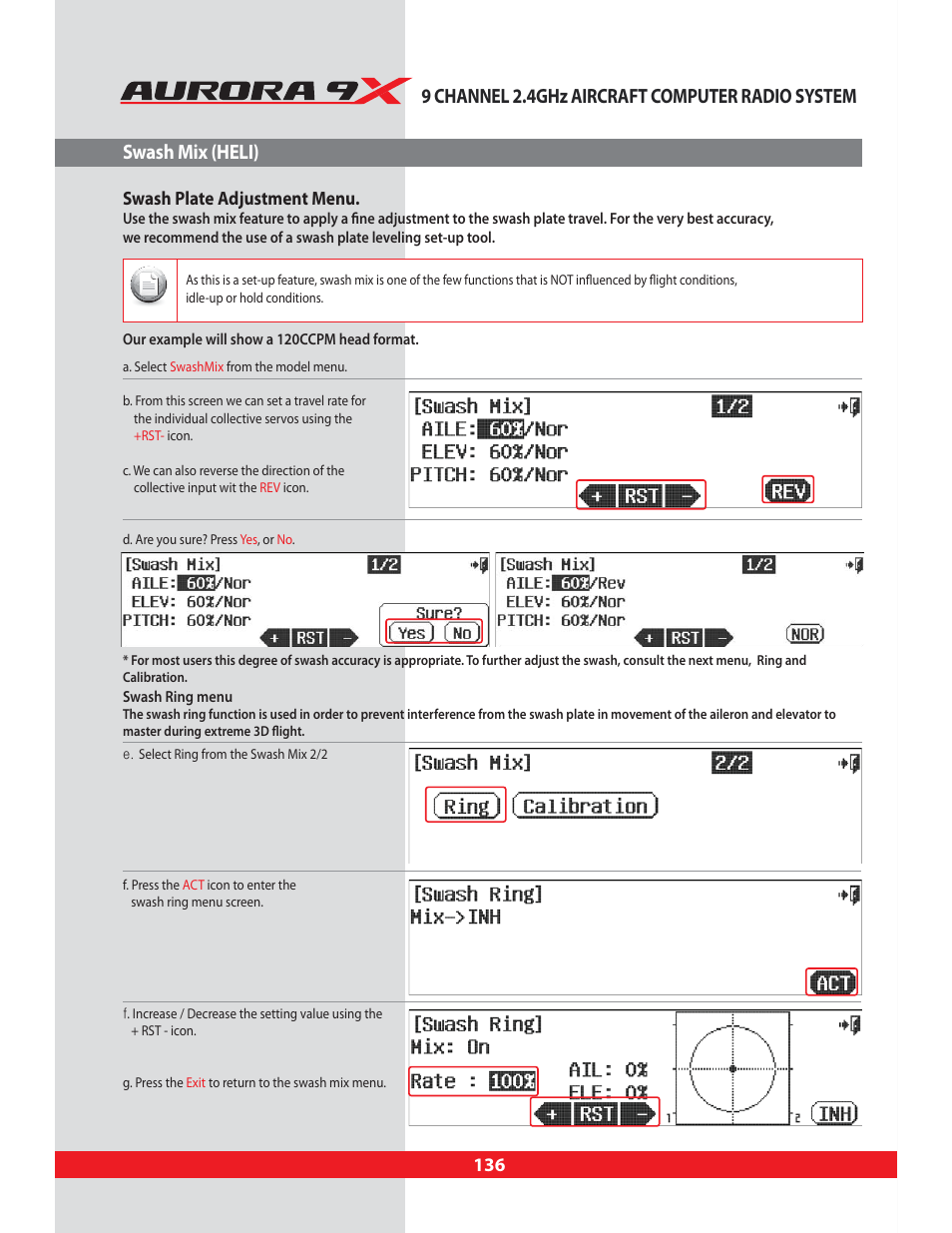 Swash mix (heli), Swashmix, Swash plate fine tuning menu | Revo, Revolution mix, Swash plate adjustment menu | HITEC Aurora 9X User Manual | Page 136 / 144