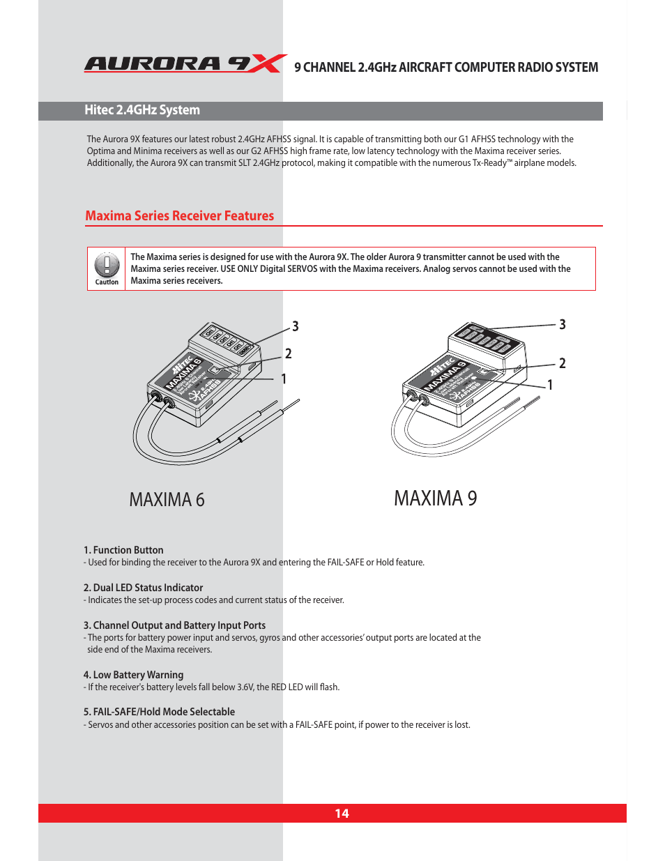 Hitec 2.4ghz system, Maxima series receiver features, Maxima 9 | Maxima 6, Function button, Dual led status indicator, Channel output and battery input ports, Low battery warning, Fail-safe/hold mode selectable | HITEC Aurora 9X User Manual | Page 14 / 144