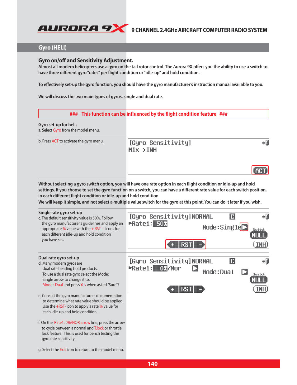 Gyro (heli), Gyro on/off and sensitivity adjustment | HITEC Aurora 9X User Manual | Page 140 / 144