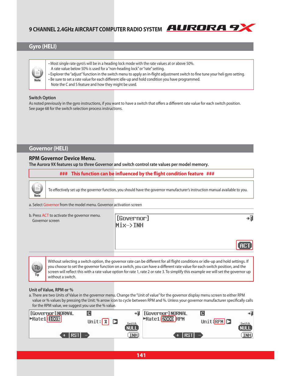 Governor (heli), Gyro, Gyro functions | Governor, Rpm governor adjustment, Rpm governor device menu | HITEC Aurora 9X User Manual | Page 141 / 144