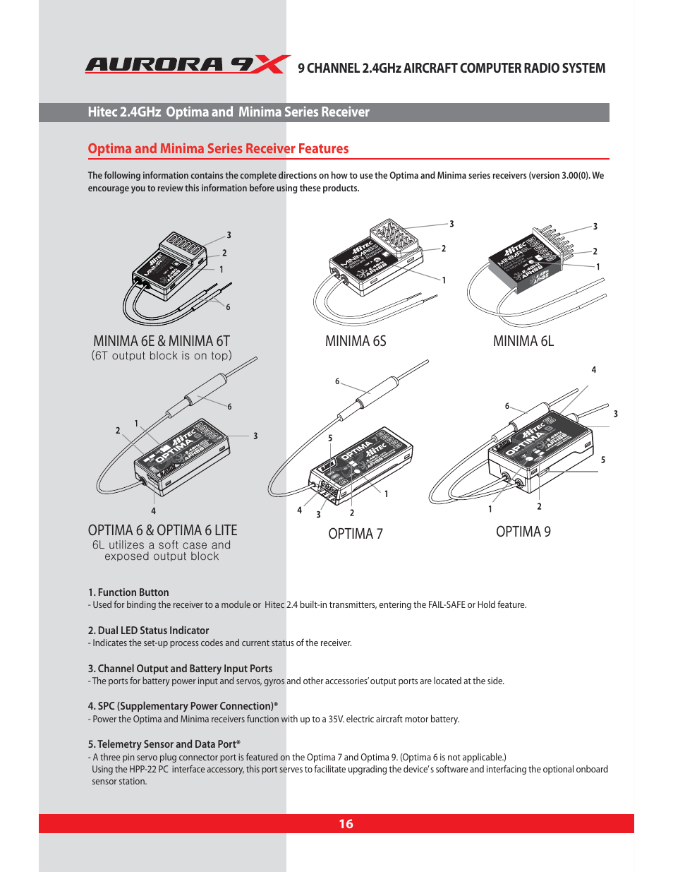 Optima and minima series receiver features, Optima 7, Optima 9 | Minima 6e & minima 6t, Optima 6 & optima 6 lite, Minima 6s minima 6l, Function button, Dual led status indicator, Channel output and battery input ports, Spc (supplementary power connection) | HITEC Aurora 9X User Manual | Page 16 / 144