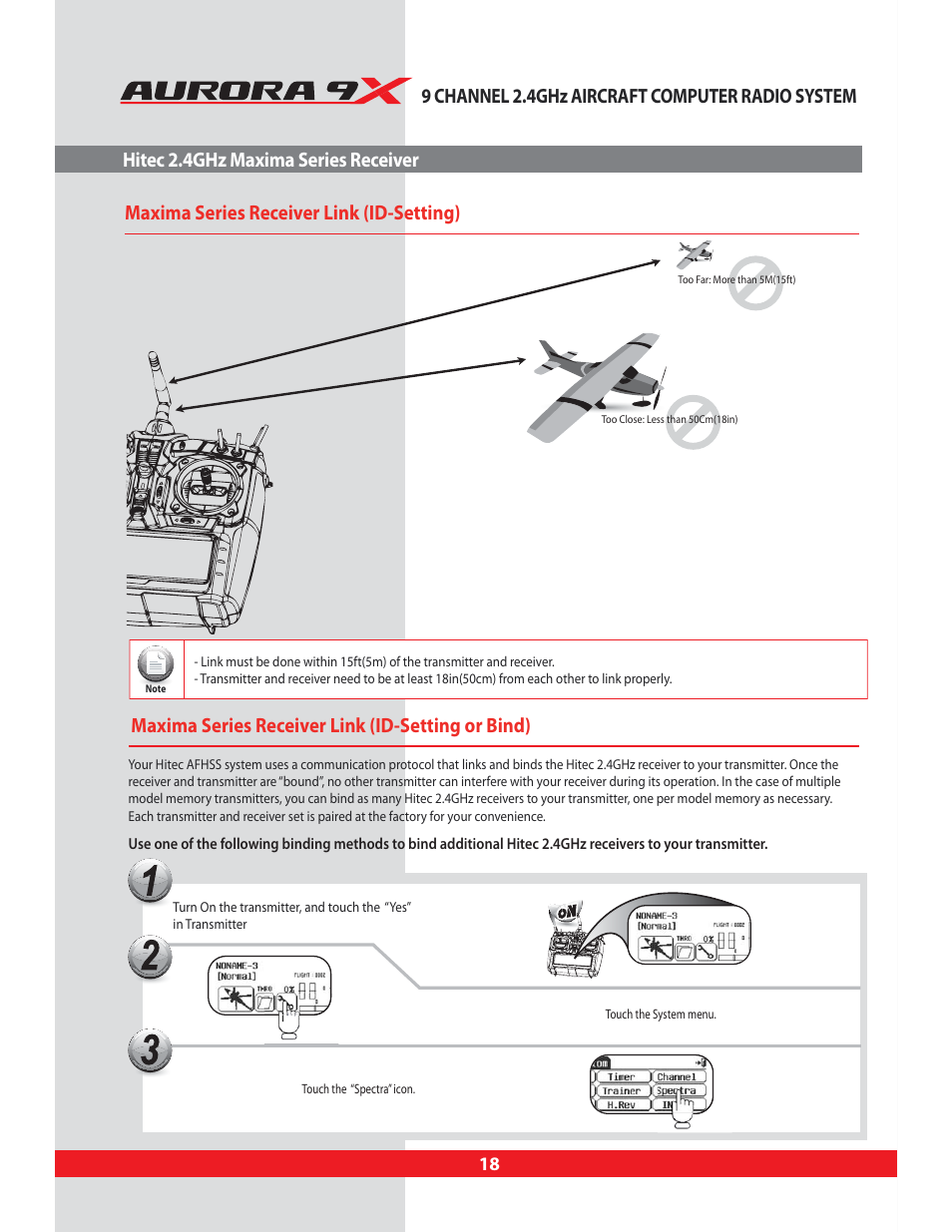 Maxima series receiver link (id-setting), Binding maxima receivers | HITEC Aurora 9X User Manual | Page 18 / 144