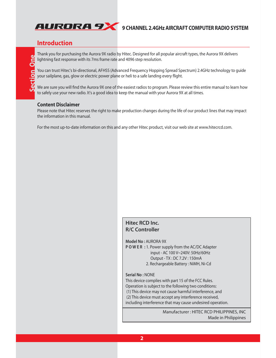 Section one - introduction, Se ction one, Introduction | HITEC Aurora 9X User Manual | Page 2 / 144