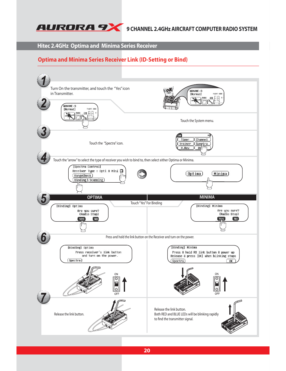 Binding optima and minima receiver, Optima minima, Touch “yes” for binding | HITEC Aurora 9X User Manual | Page 20 / 144