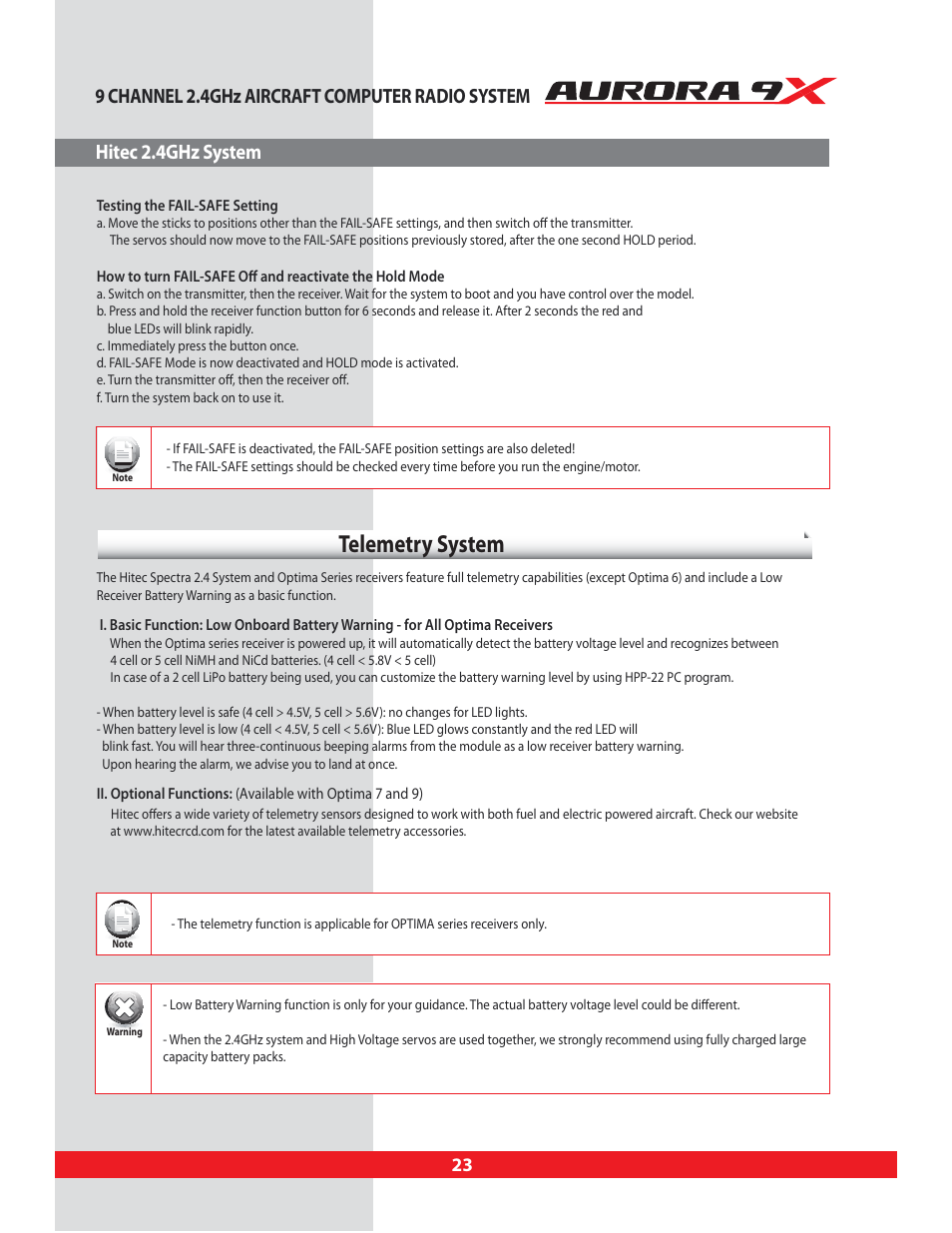 Telemetry system, Telemetry, System | HITEC Aurora 9X User Manual | Page 23 / 144