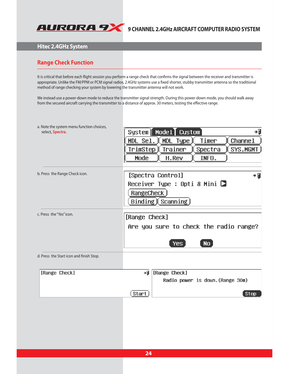 Range check function | HITEC Aurora 9X User Manual | Page 24 / 144