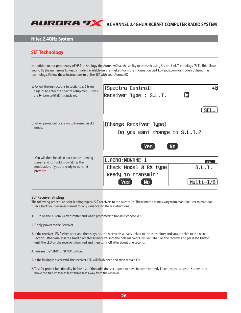 Slt technology, 9 channel 2.4ghz aircraft computer radio system, Hitec 2.4ghz system slt technology | HITEC Aurora 9X User Manual | Page 26 / 144