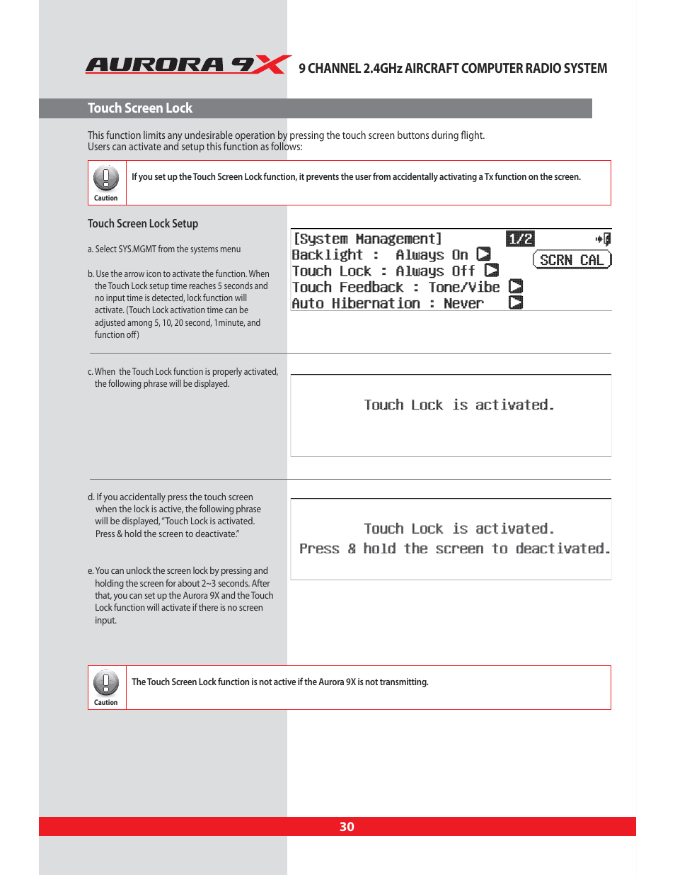 Touch screen lock | HITEC Aurora 9X User Manual | Page 30 / 144