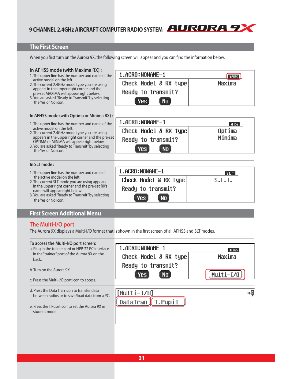 The first screen, The multi-i/o port, Multi-i/o port | HITEC Aurora 9X User Manual | Page 31 / 144