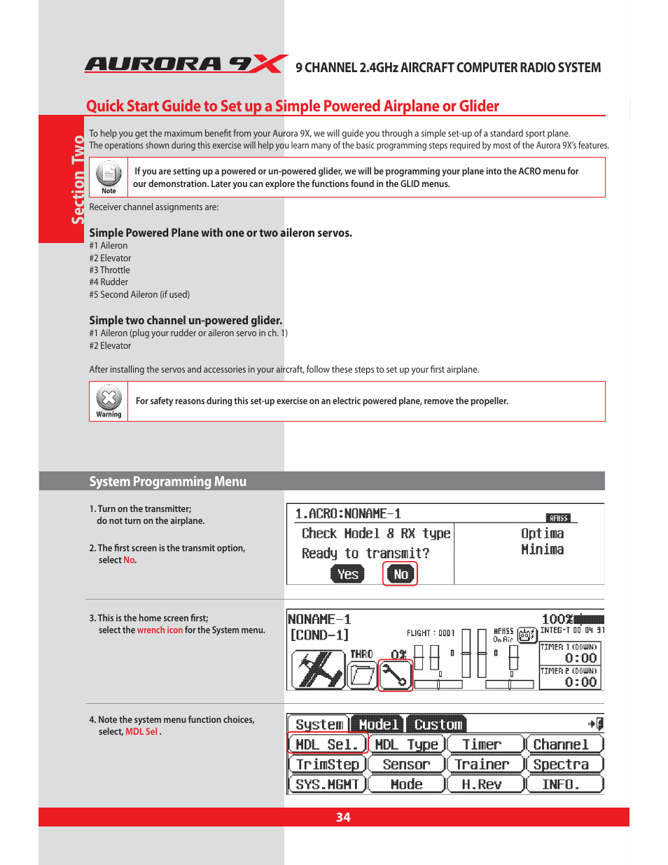 System programming menu, Section two, Sec tion tw o | HITEC Aurora 9X User Manual | Page 34 / 144