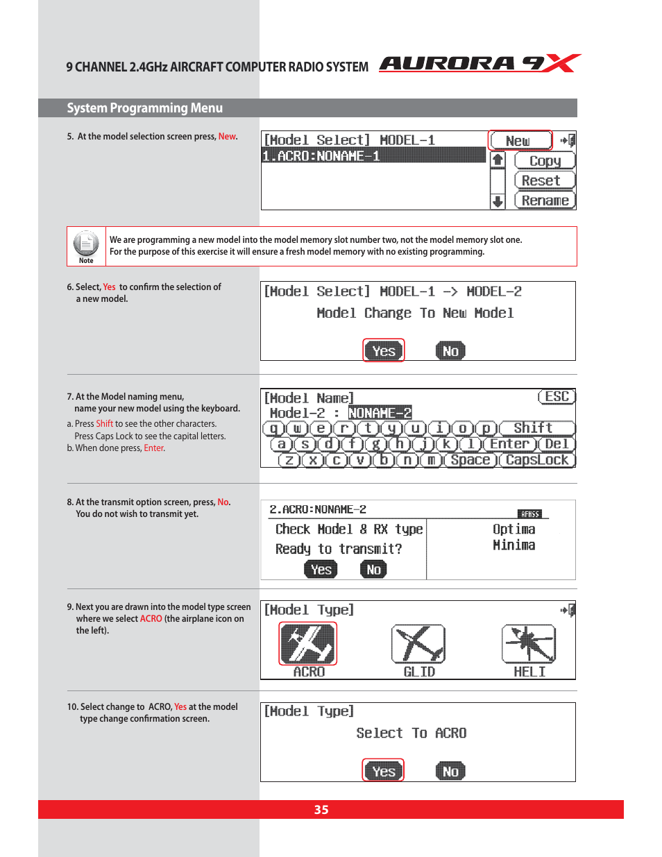 9 channel 2.4ghz aircraft computer radio system, System programming menu | HITEC Aurora 9X User Manual | Page 35 / 144