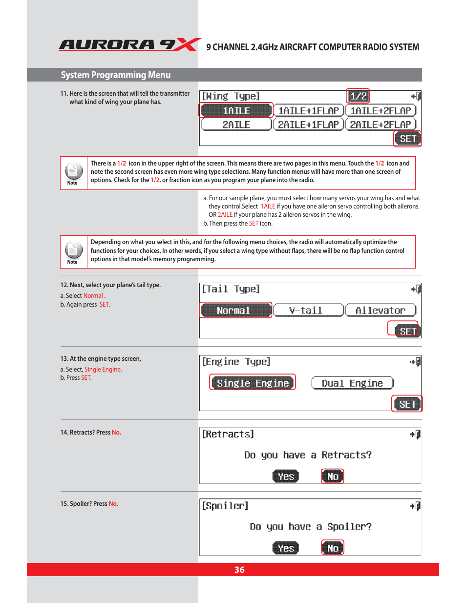 9 channel 2.4ghz aircraft computer radio system, System programming menu | HITEC Aurora 9X User Manual | Page 36 / 144