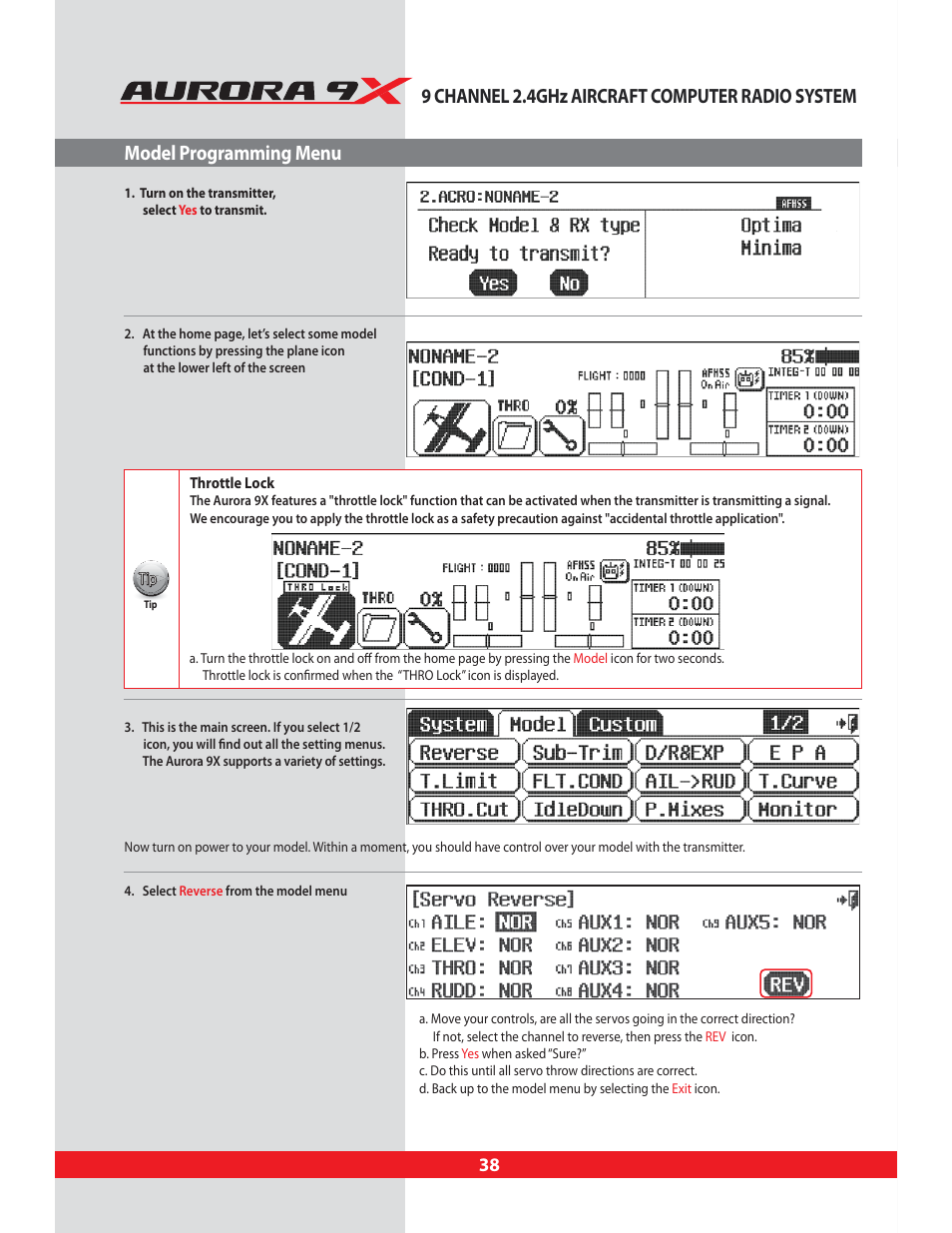 Model programming menu | HITEC Aurora 9X User Manual | Page 38 / 144