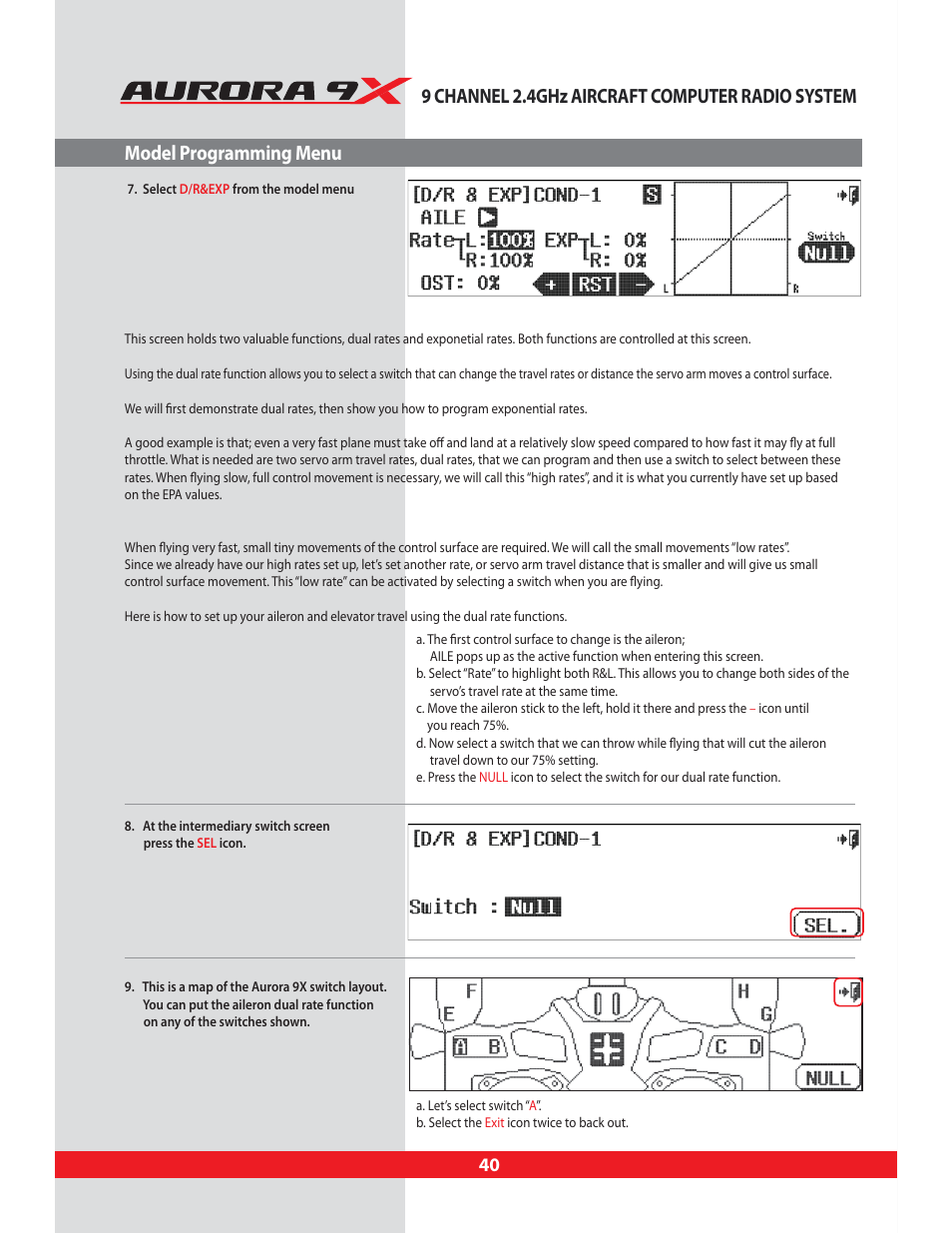 9 channel 2.4ghz aircraft computer radio system, Model programming menu | HITEC Aurora 9X User Manual | Page 40 / 144